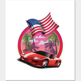 USA retro red sports car logo Posters and Art